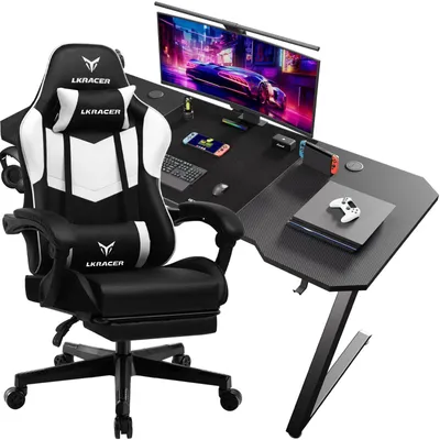 Obrázok produktu pre Súprava herného stola a stoličky – Z12 + LRF300-WT – Počítačový stôl a herná stolička – Ergonomická stolička – Povrch z uhlíkových vlákien – Umelá koža – Vyžaduje montáž – Oranžová