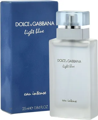 A bottle of Dolce & Gabbana Light Blue Eau Intense perfume and its packaging are displayed against a white background.