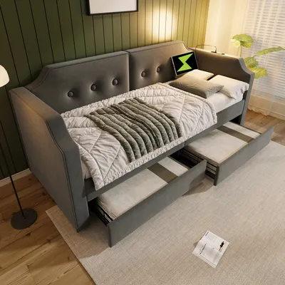 Image de Flieks Canapé-lit Lit rembourré 90x200cm avec USB & lumière de lecture, lit de rangement lit simple avec 2 tiroirs, lit fonctionnel lit de jour canapé-lit, velours, gris