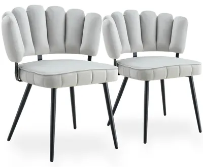 Productafbeelding van Set van 2 fluwelen eetkamerstoelen met een bloemvormige rugleuning en een metalen frame, in lichtgrijs