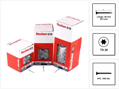 Produktbild von fischer Spanplattenschraube PowerFast, FPF II CTF 4,0 x 40 BC 1000 Senkkopf mit Innenstern TX Vollgewinde galvanisch verzinkt, blau passiviert, 1000 Stück
