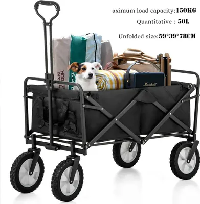 Produktbild von Bollerwagen Faltbar, Für Camping Einkaufen, Belastbar Bis 150kg, Handwagen, Faltwagen 360 ° Drehbar 2 Netztaschen klappbarer bollerwagen halloween