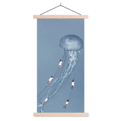Produktbild von MuchoWow® Textilposter Kinder - Quallen - Meerestiere - Vintage 60x120 cm mit holzfarbenen Rahmen - Holz