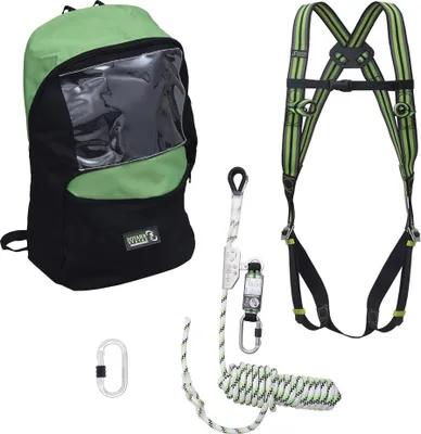 Produktbild von Kratos Absturzsicherung-Set, Fallschutz-Set mit Kratos Auffanggurt, Auffanggerät 15m mit Bandfalldämpfer, Stahlkarabiner, Rucksack, PSA, , mit Seriennummer