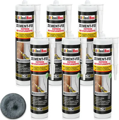 Produktbild von Isolbau Zement-Fix 6 x 300 ml Dunkelgrau Express Reperaturmörtel - Dichtungsmasse für Fugen & Risse im Innen- & Außenbereich, Kartusche