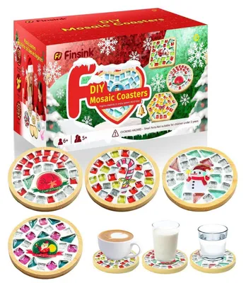 Obrázek produktu pro Sada pro výrobu mozaiky, 4 kusy, dřevěné podtácky, vánoční motiv, DIY, skleněné kamínky