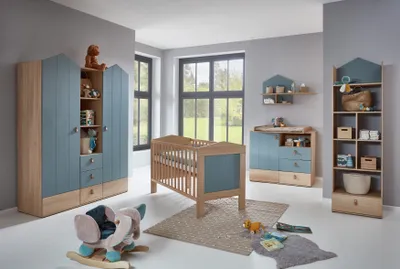 Produktbild von Babyzimmer Set Roofy 6-tlg. Kleiderschrank 2-türig, Wickelkommode. Babybett, Wand-/Standregal, Umbauseiten