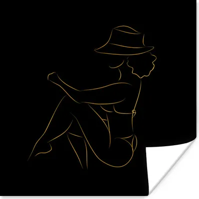 Produktbild von MuchoWow® Poster Frau - Hut - Schwarz und Gold - Strichzeichnung 100x100 cm - Babyzimmer