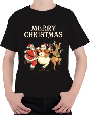 Produktbild von MERRY CHRISTMAS Weihnachtsmann Schneemann Rentier tanzend Vintage Uni Kinder T-Shirt, Schwarz, 104