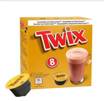 A box of Twix Dolce Gusto coffee pods with a cup of prepared coffee.