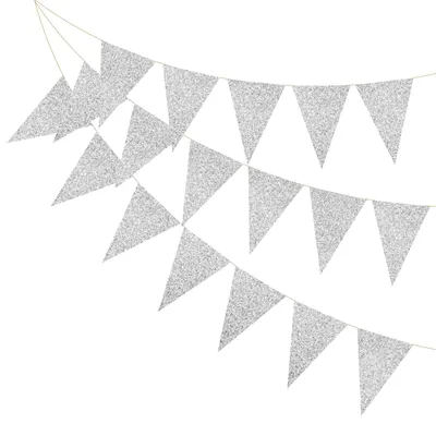 Wimpelkette 5 m, 2 Stück, 9 dreieckige Papierfahnen, Silber, Partydeko