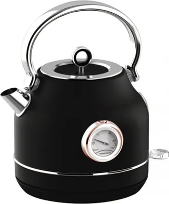 A black electric kettle with a thermometer on a white background.