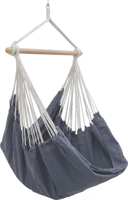 A hanging chair suspended from a hook.