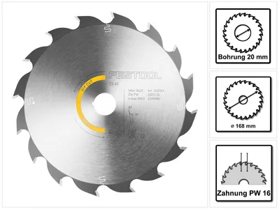 Productafbeelding van Festool cirkelzaagblad Wood Rip Cut HW 168 x 1,8 x 20 PW16 ( 205763 ) voor TS 60 K, CSC-SYS 50