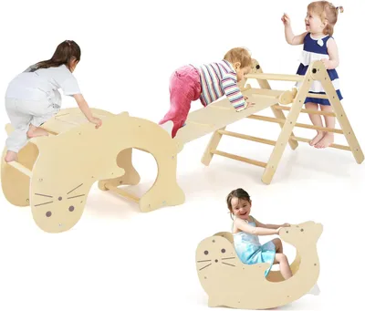Produktbild von GOPLUS 6 in 1 Klettergerüst, Kletterdreieck mit klappbarer Leiter, Seelöwe Wippe, Kletterbogen & Rutsche, Spielplatz für Kinder von 3-14 Jahren, Natur