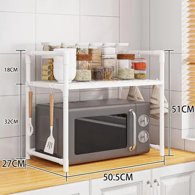 Produktbild von Küchenregal Mikrowellenregal 2 Ebenen 50x27x51cm mit Haken Arbeitsplatten Organizer für Mikrowelle Backofen Weiß