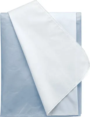 A folded light blue and white sheet is shown against a white background.