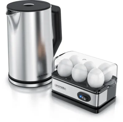 A stainless steel electric kettle and a six-egg electric egg cooker are displayed together on a white background.