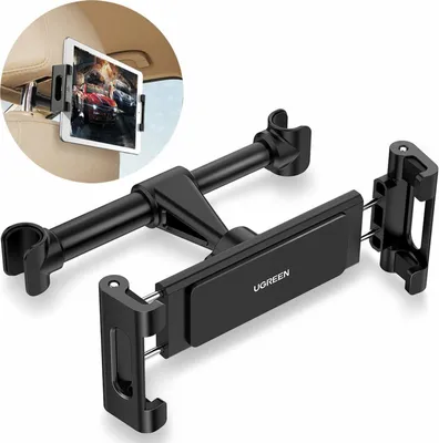 A product image showing a car headrest tablet mount, with an inset showing the mount installed in a car.