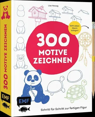 Produktbild von Zeichenbuch für Zeichenanfänger und Familien, 300 Motive, Schritt-für-Schritt-Anleitungen, einfache Formen, Mitnahmeformat, mit Mitmachseiten