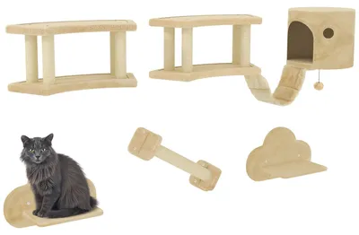 Immagine prodotto di Set di pareti da arrampicata per gatti - Tiragraffi da parete - 5 pezzi - Legno - Tronco da graffiare, piattaforme, scaletta e casetta