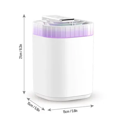 A white cylindrical aroma diffuser with a purple light ring around the top, shown with dimensions indicated by arrows and text.