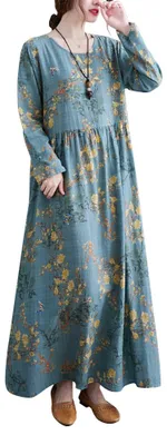 Produktbild von Loses Kleid für Frauen, Vintage-Druck, lange Ärmel, Rundhalsausschnitt, hohe Taille, lässiges Urlaubskleid