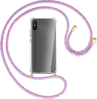 Produktbild von Handykette Backcover-Schutzhülle mit Band (Metall goldfarben) für Xiaomi Redmi 9A - lila/rosa/blau