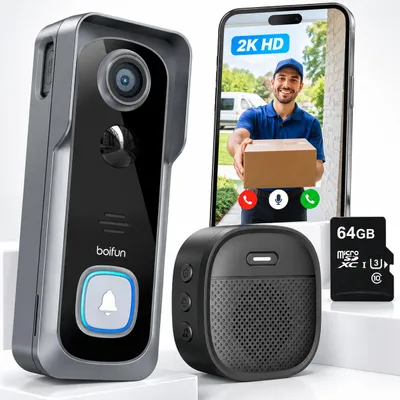 Productafbeelding van 5MP Wi-Fi videodeurbel met camera, 2.5K HD, draadloze deurbel, compatibel met Alexa, 64GB TF-kaart of cloudopslag, PIR-bewegingsdetectie, nachtzicht, tweewegs audio