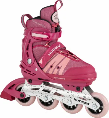 A single pink inline skate is shown against a white background.