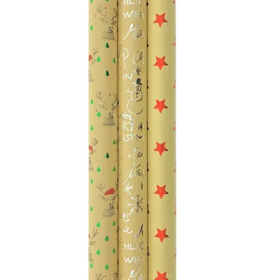 Produktbild von Weihnachts Geschenkpapier aus Kraftpapier für Weihnachten – 3 Meter x 70 cm – 3 Rollen