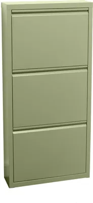 A tall, narrow, three-door metal shoe cabinet in a muted green color.