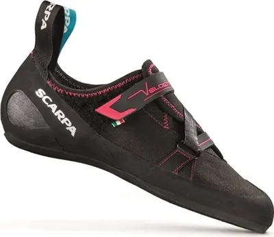 Komfortkletterschuh Velocity von Scarpa; schwarz mit pinken Akzenten und Klettverschluss; ideal für das Klettern.