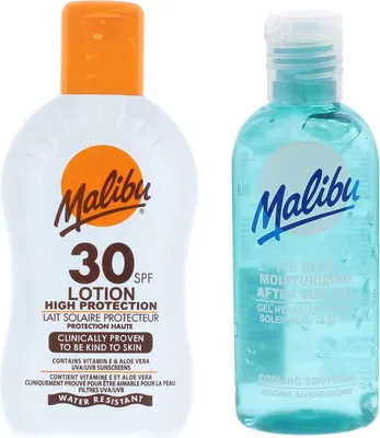 Productafbeelding van Malibu SPF30 waterbestendige zonnebrandlotion 200 ml + aftersun gel 100 ml Bruiningsset