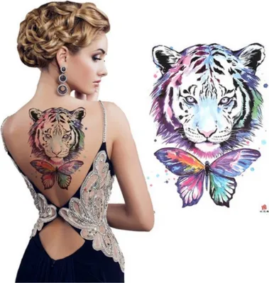 Produktbild von Temporäres Tattoo Tiger Schmetterling Bunt Design Temporary Klebetattoo Körperkunst