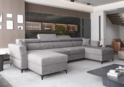Produktbild von AX LIVING Ecksofa klein mit Schlaffunktion Ribella 345 cm Grau U-Form, Bettkasten