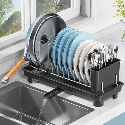 Obrázek produktu pro Odtokový stojan Ibenzoa® pro menší nádobí – nerezová ocel, rozměry 42×16,5×20 cm, 10 slotů, odnímatelný držák na příbory, konkávní odtoková mísa s 360° odtokem
