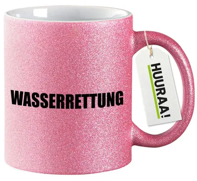 Produktbild von Huuraa Glitzertasse Wasserrettung Schriftzug 330ml Pink Keramik Kaffeebecher Geschenkidee