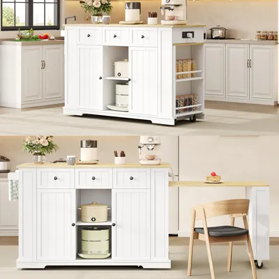 Immagine prodotto di Isola cucina mobile, dimensioni 138(213)x55x93 cm, con tavolo/bancone allungabile, 7 ruote, ripiani portaoggetti e ripiani regolabili.