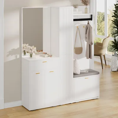 Produktbild von Merax Garderobenset, schmale Wandgarderobe mit Spiegel, Kleiderstange, 3 Türen, Klappen, Schublade, 3 Haken, Sitzbank, Flurschrank, Schuhschrank, Weiß