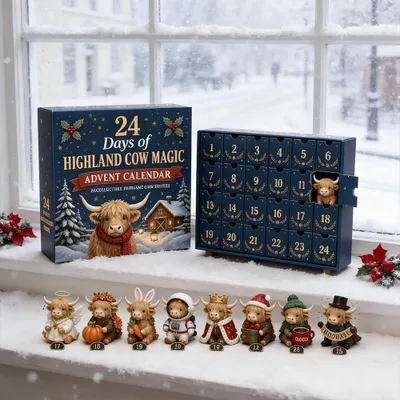 Produktbild von Adventskalender mit 24 Highland-Cow-Figuren, 24 nummerierte Türchen für den täglichen Adventsmoment in der Geschenkbox