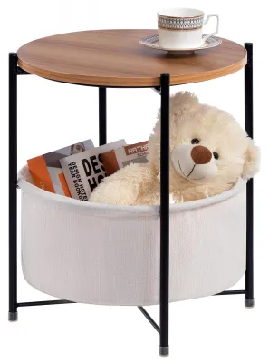 Image de Table d'appoint, ronde, beige, diamètre 40 cm et hauteur 50 cm, avec panier en tissu, idéale pour le salon