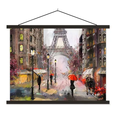 Produktbild von MuchoWow® Textilposter Gemälde - Paris - Eiffelturm - Regenschirm - Ölgemälde 150x113 cm mit schwarzem Rahmen - Wohnzimmer