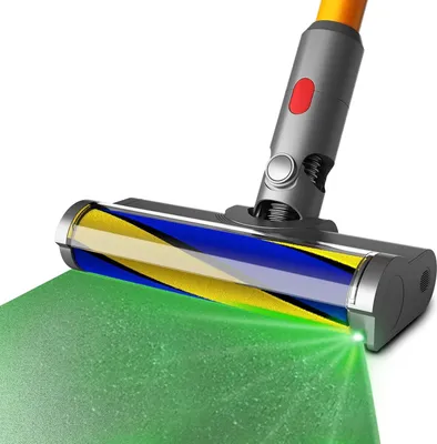 A vacuum cleaner head with a soft roller brush and a green laser light illuminating the floor.