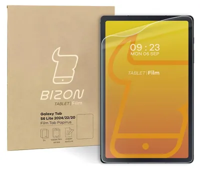 A product box for a tablet screen protector is shown next to a tablet with the screen protector applied.