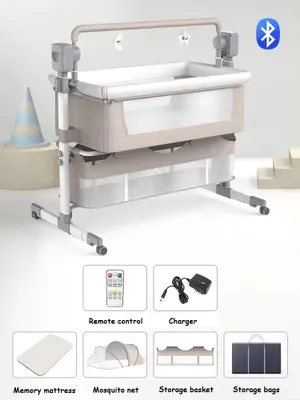 Obrázek produktu pro Dětská postýlka - Elektrická - Pro společné spaní - Nastavitelná - Postýlka - Kolébka - Bluetooth - Khaki (barva)