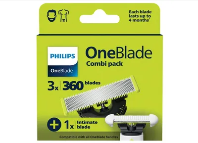 Produktbild von Philips Norelco OneBlade OneBlade QP949/50 Kombipaket: 3 x 360 Klinge und 1 x Intimate Klinge, Scherkopf, 4 Kopf/Köpfe, Silber, 4 Monat( e), Philips, OneBlade
