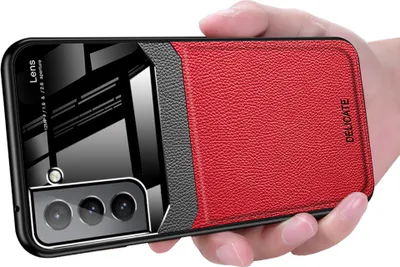 Produktbild von Galaxy S22+ 5G Hülle, TPU Stossfest Anti-rutsch Leder Glas Len Hybrid Schutzhülle für Samsung Galaxy S22 Plus 5G Rot
