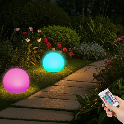 Produktbild von Solar-LED-Leuchtkugel, Ø 30cm, RGBW mit Fernbedienung, 60 Lu, IP67. Farbwechsel-Lichtkugel für Garten & Terrasse, wetterfest & kabellos