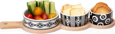 Produktbild von ALPINA Tapas-Set 4-teilig mit Keramikschalen und Holztablett, 35x12x4,8cm